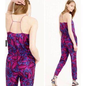J. Crew Jumpsuit 6 / S 100% Silk Satin Purple Blue Floral Strappy Straight Leg